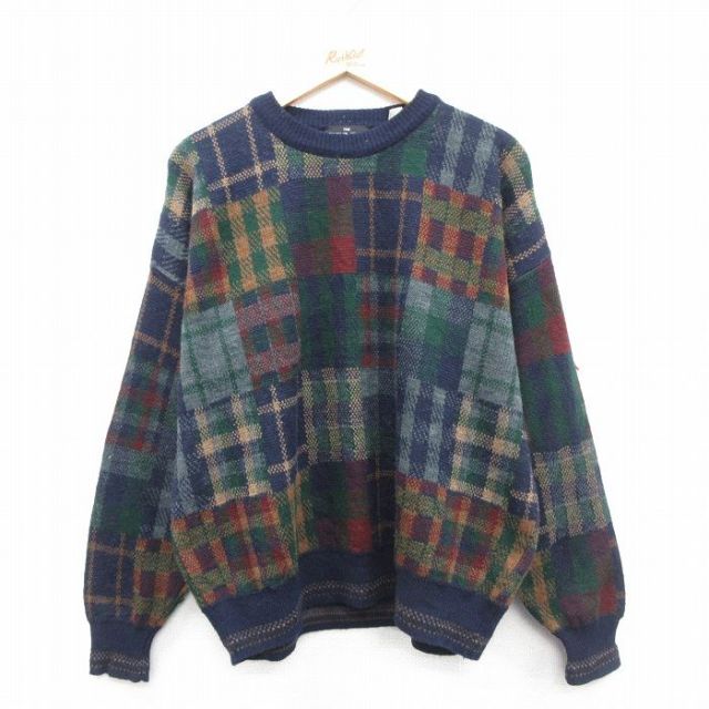 90s 長袖セーター チェック ネイビー XL | 古着