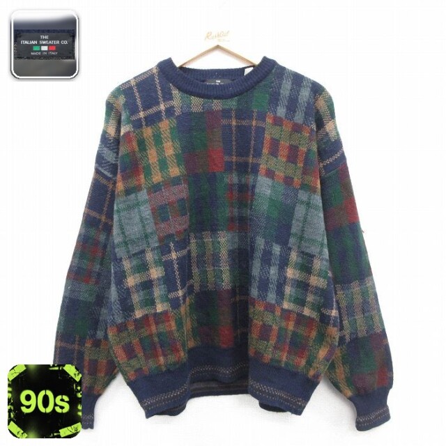 90s 長袖セーター チェック ネイビー XL | 古着