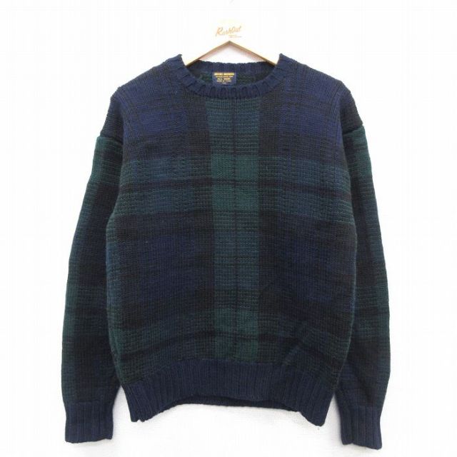 M★古着 ブルックスブラザーズ 長袖 ブランド セーター メンズ 80年代 80s ウール クルーネック 緑他 タータン チェック ブラックウォッチ 26jan10