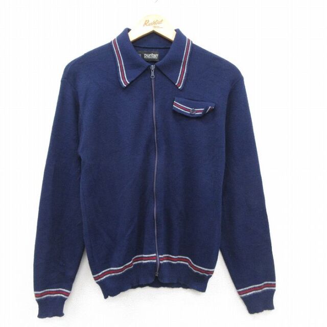 S★古着 ピューリタン 長袖 ビンテージ フルジップ ニット カーディガン メンズ 70年代 70s 襟付き ウール USA製 濃紺 26jan09