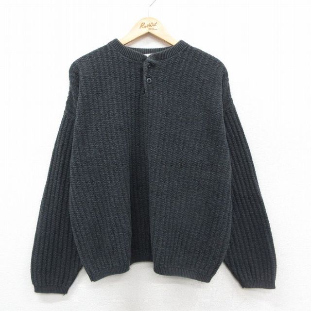 XL★古着 長袖 セーター メンズ 90年代 90s 手織り ヘンリーネック USA製 黒 26jan13