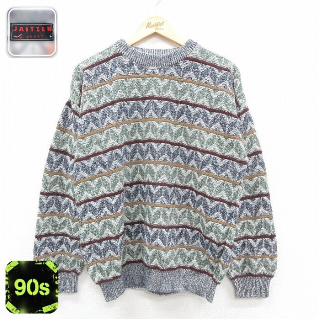 【50%OFF】ジャンセン 90s 長袖セーター ストライプ ネイビー L | 古着