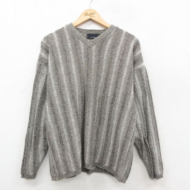 【20%OFF】90s 長袖セーター 手織り ベージュストライプ L | 古着