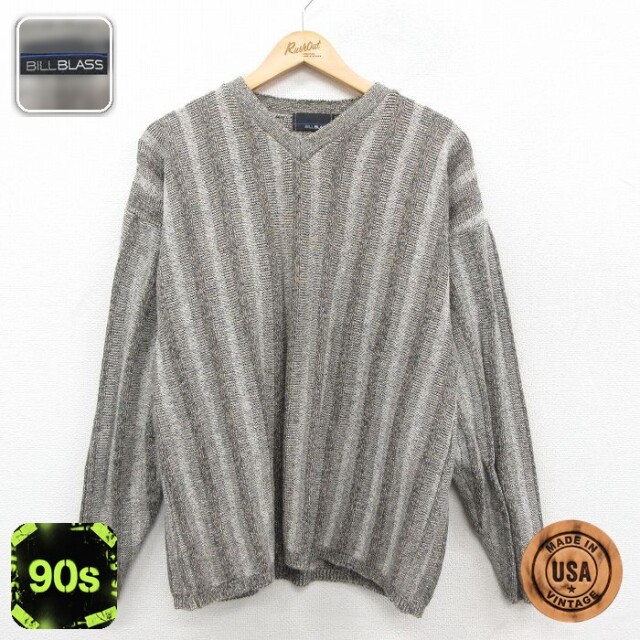【50%OFF】90s 長袖セーター 手織り ベージュストライプ L | 古着