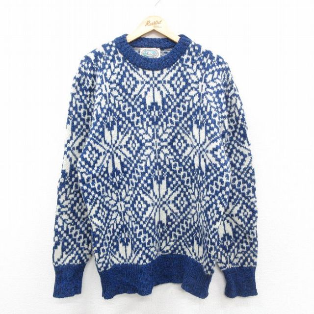 L★古着 長袖 ノルディック セーター メンズ 90年代 90s 雪柄 ウール クルーネック USA製 紺他 26jan13