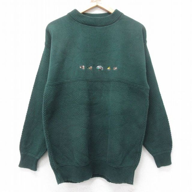 L★古着 オービス 長袖 セーター メンズ 90年代 90s ルアー 刺繍 コットン クルーネック USA製 緑【spe】 26jan20