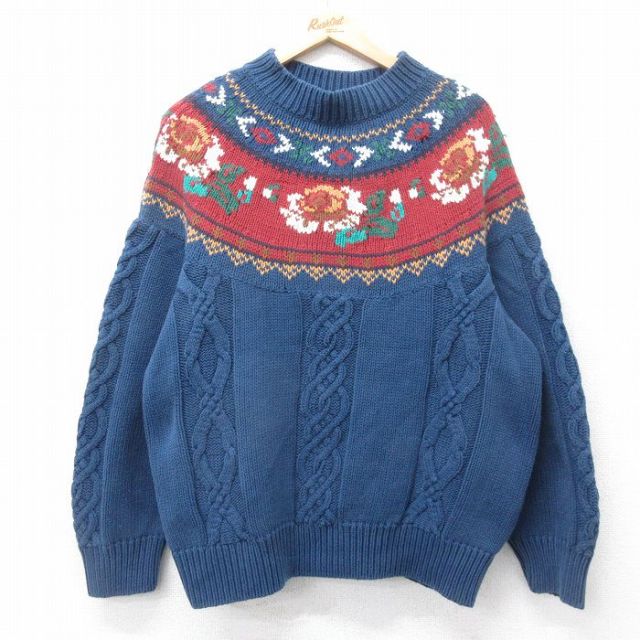 XL★古着 長袖 ケーブル セーター メンズ 90年代 90s 花 コットン クルーネック 紺他 26jan20