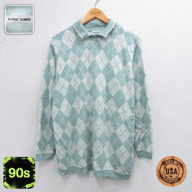 【50%OFF】90s 長袖セーター アーガイル ブルーグリーン L | 古着