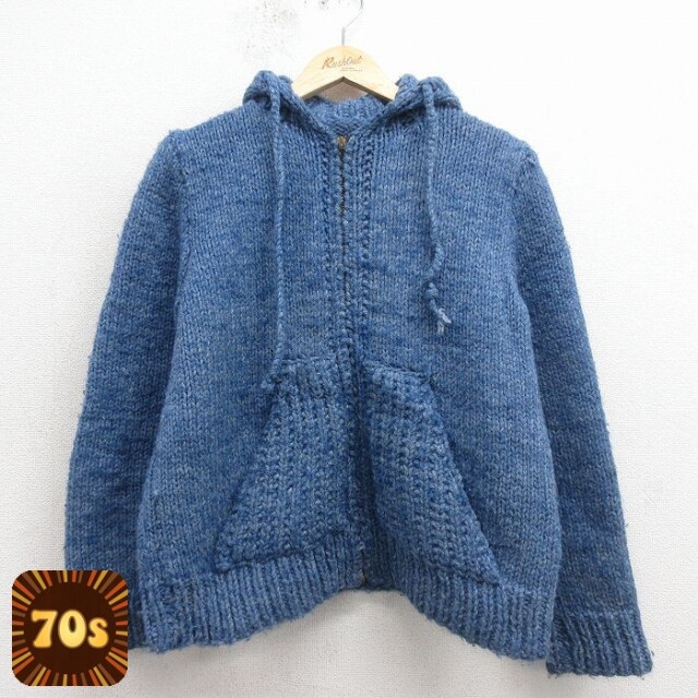 70s 長袖フルジップニットカーディガン ネイビー M | 古着