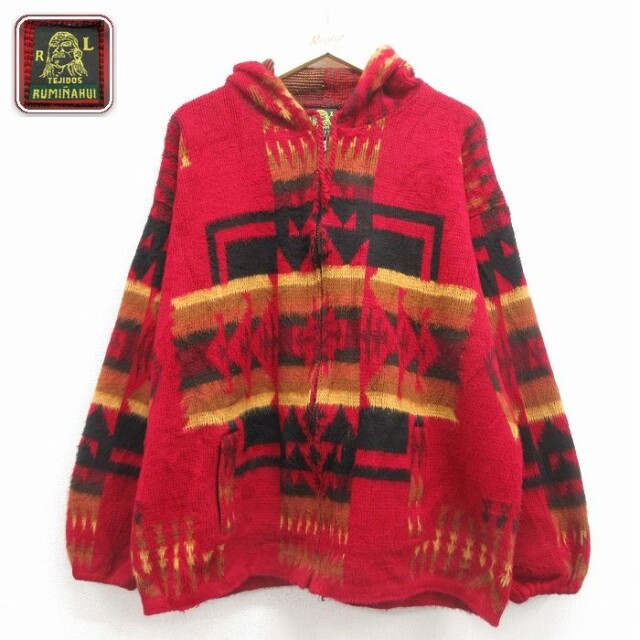 TEJIDOS RUMINAHUI 長袖フルジップニットカーディガン ネイティブ柄 レッド XL | 古着