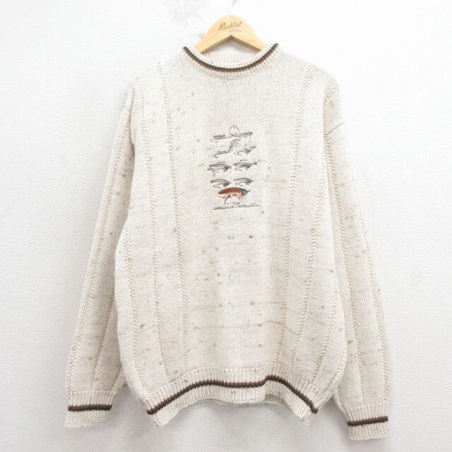 90s 長袖セーター ルアー刺繍 ベージュ XL | 古着