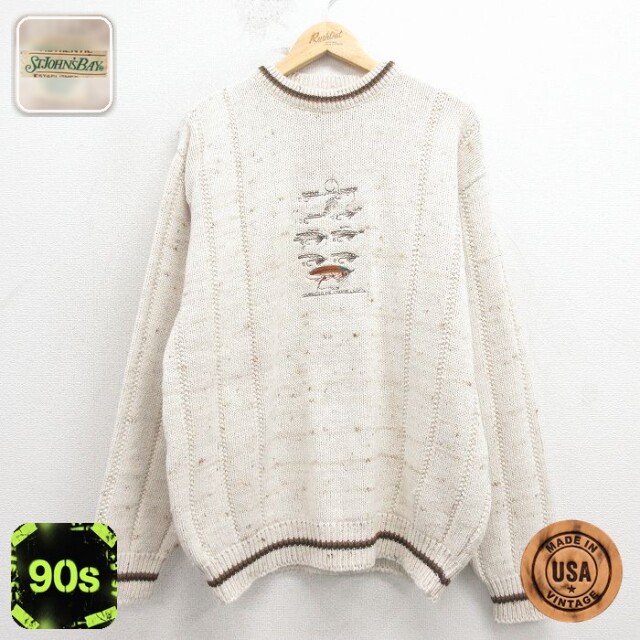 【50%OFF】90s 長袖セーター ルアー刺繍 ベージュ XL | 古着