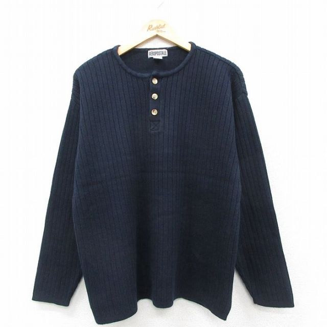 L★古着 エアロポステール 長袖 セーター メンズ 90年代 90s コットン ヘンリーネック 紺 26jan26