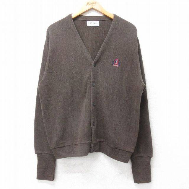 L★古着 IZOD 長袖 ニット カーディガン メンズ 90年代 90s ワンポイントロゴ USA製 茶 26jan28