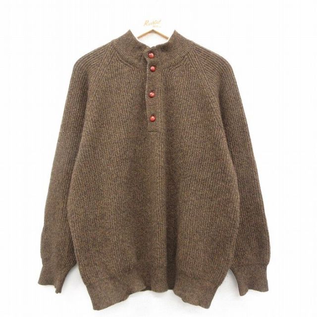 XL★古着 長袖 セーター メンズ 90年代 90s ラグラン ウール カシミヤ カシミア ヘンリーネック イタリア製 茶 26jan29