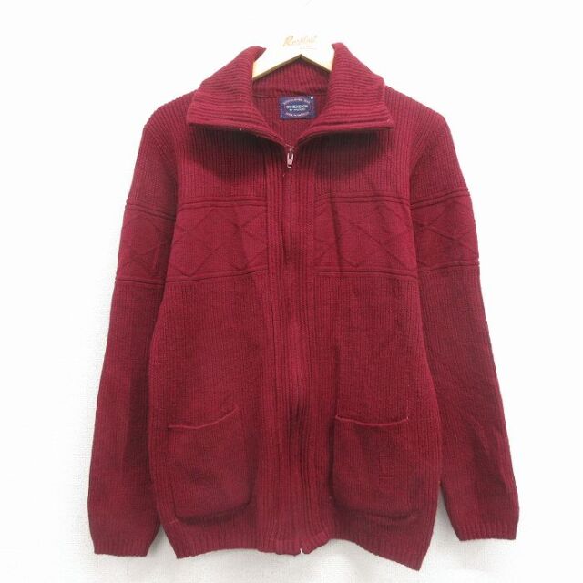 S★古着 長袖 フルジップ ニット カーディガン メンズ 80年代 80s USA製 エンジ 26feb02