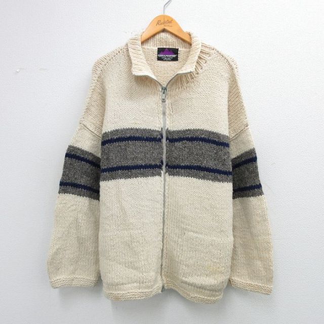 XL★古着 長袖 フルジップ ニット カーディガン メンズ 90年代 90s ウール エクアドル製 生成り他26feb03