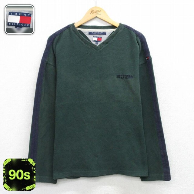 【50%OFF】トミーヒルフィガー 90s 長袖セーター ワンポイントロゴ グリーン XL | 古着