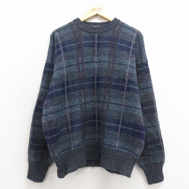 【20%OFF】シェットランドウール 90s 長袖セーター ネイビーチェック L | 古着