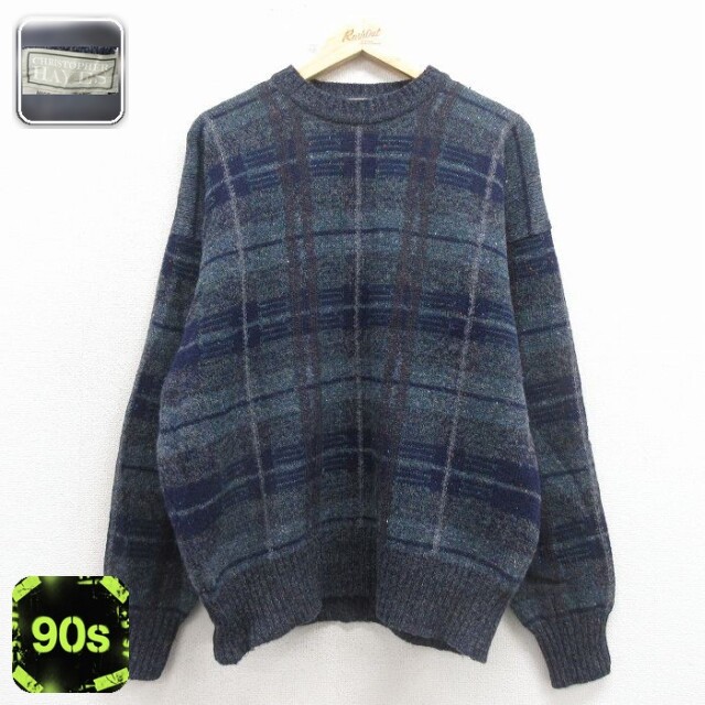 シェットランドウール 90s 長袖セーター ネイビーチェック L | 古着