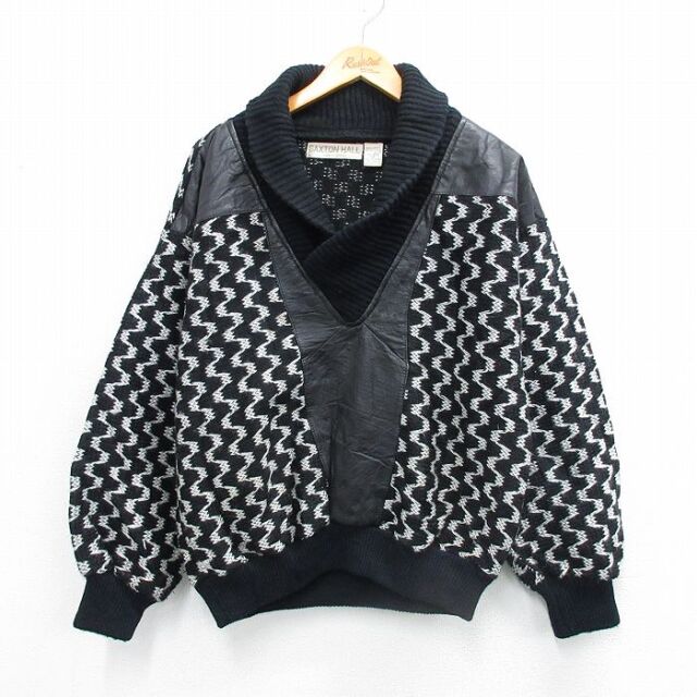 【20%OFF】90s ショールカラーセーター レザー使用 ブラック L | 古着