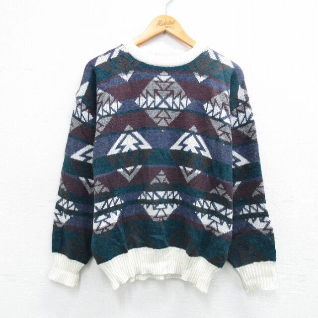 【20%OFF】90s 長袖セーター ネイティブ柄 ホワイト L | 古着