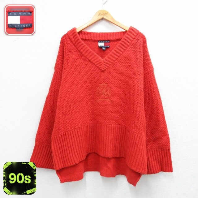 【50%OFF】トミーヒルフィガー 90s 長袖セーター ビッグロゴ刺繍 オレンジ XL | 古着