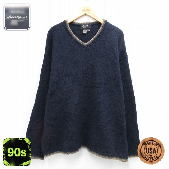 【50%OFF】エディーバウアー 90s 長袖セーター Vネック ネイビー XL | 古着