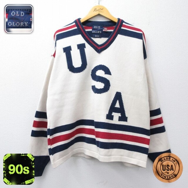 【50%OFF】オールドネイビー 90s 長袖セーター ロゴ ベージュ XL | 古着
