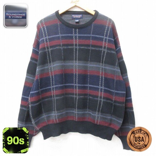 【50%OFF】90s 長袖セーター ブラックチェック XL | 古着