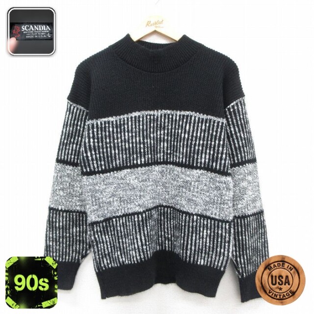 【50%OFF】90s 長袖セーター ストライプ ブラック M | 古着