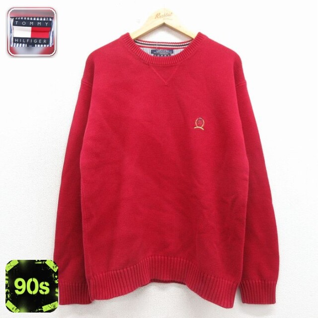 【50%OFF】トミーヒルフィガー 90s 長袖セーター ワンポイントロゴ レッド L | 古着