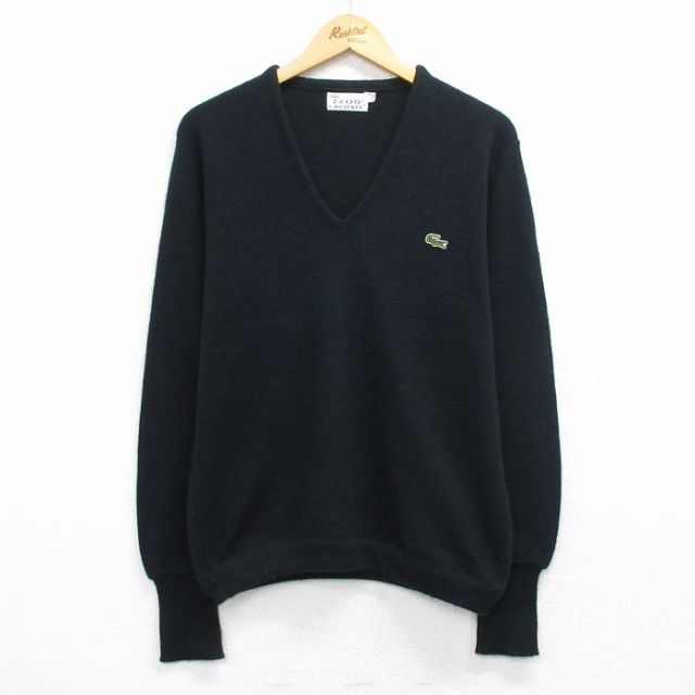 L★古着 ラコステ LACOSTE IZOD 長袖 セーター メンズ 80年代 80s ワンポイントロゴ アクリル Vネック 黒 26mar06