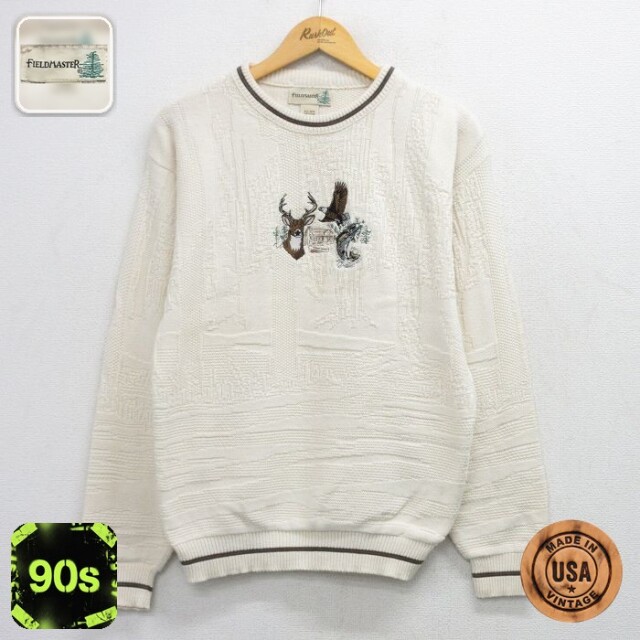 【50%OFF】90s 長袖セーター シカ刺繍 ベージュ M | 古着