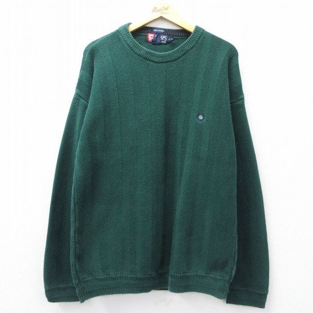 XL★古着 ラルフローレン チャップス 長袖 ブランド セーター メンズ 90年代 90s ワンポイントロゴ ヘリンボーン 手織り コットン クルーネック 緑 26mar11