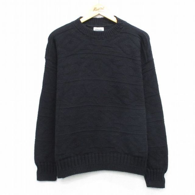 L★古着 長袖 セーター メンズ 90年代 90s ネイティブ柄 ラグ柄 アクリル クルーネック USA製 黒 26mar19