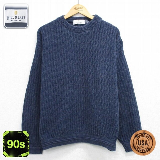 【20%OFF】90s 長袖セーター 手織り ネイビー XL | 古着