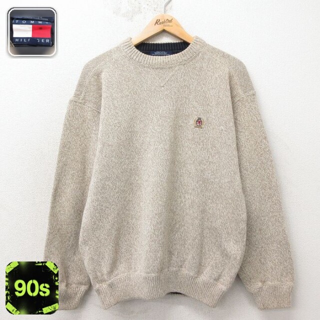【20%OFF】トミーヒルフィガー 90s 長袖セーター ワンポイントロゴ ベージュ メンズL相当 | 古着