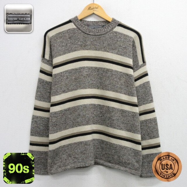 【20%OFF】ベージュボーダーセーター 90s 長袖セーター ボーダー ベージュ メンズL相当 | 古着