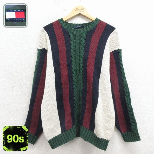 【20%OFF】トミーヒルフィガー 90s 長袖セーター ストライプ グリーン メンズM相当 | 古着