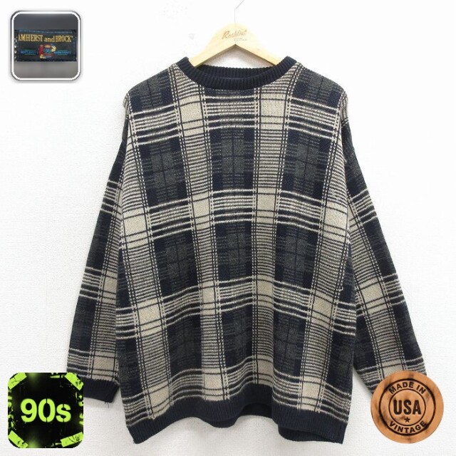 【20%OFF】90s 長袖セーター チェック ネイビー メンズXL相当 | 古着