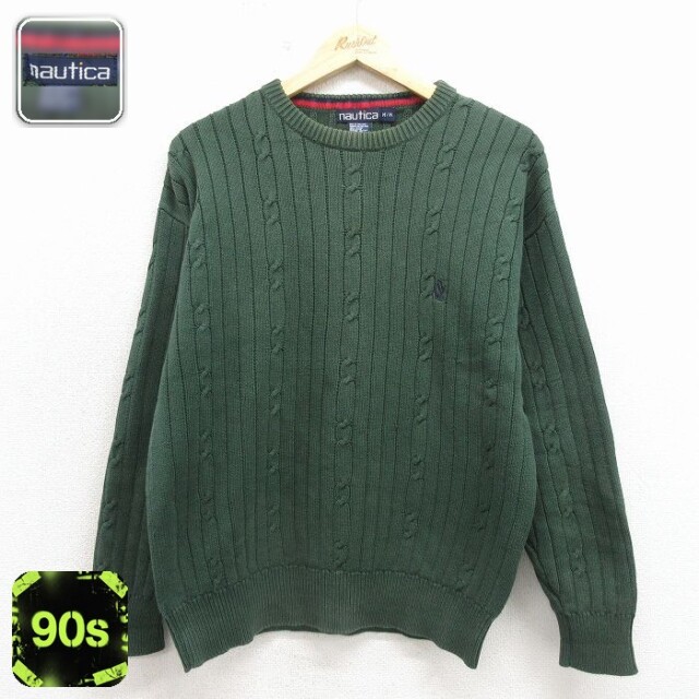 ノーティカ 90s ケーブルセーター ワンポイントロゴ グリーン メンズM相当 | 古着