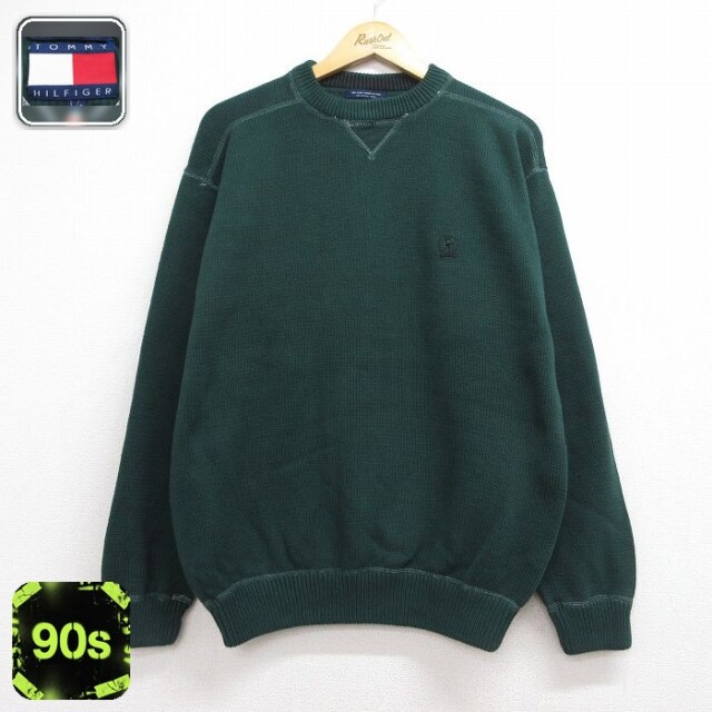 トミーヒルフィガー 90s 長袖セーター ワンポイントロゴ グリーン メンズL相当 | 古着