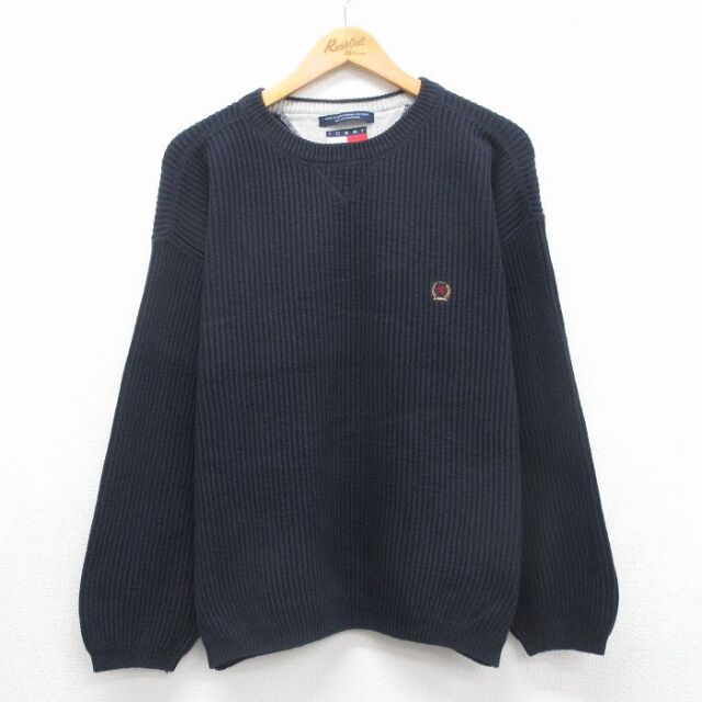 トミーヒルフィガー 90s 長袖セーター ワンポイントロゴ ネイビー メンズL相当 | 古着
