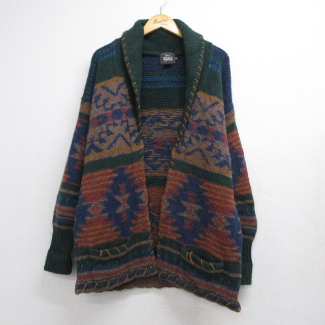 M★古着 Woolrich 長袖 セーター メンズ 00年代 00s ネイティブ柄 ショールカラー ハンドニット ウール 総柄 グリーン【spe】 26aug24