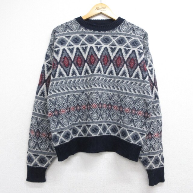 M★古着 ペンドルトン PENDLETON 長袖 セーター メンズ 80年代 80s ウール クルーネック 総柄 USA製 ネイビー【spe】 26aug28