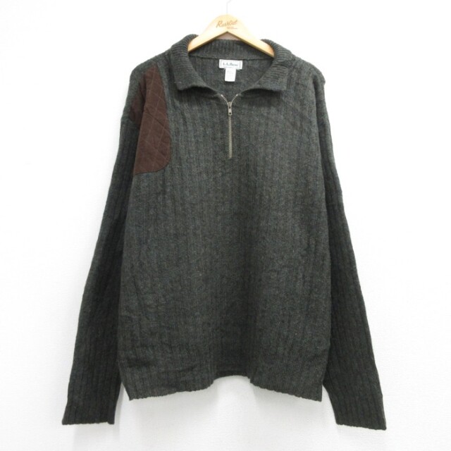 XL★古着 L.L.Bean エルエルビーン 長袖 セーター ハーフジップ メンズ 90年代 90s ヒジ当て スエード使用 ウール USA製 カーキ 霜降り【spe】 26aug31