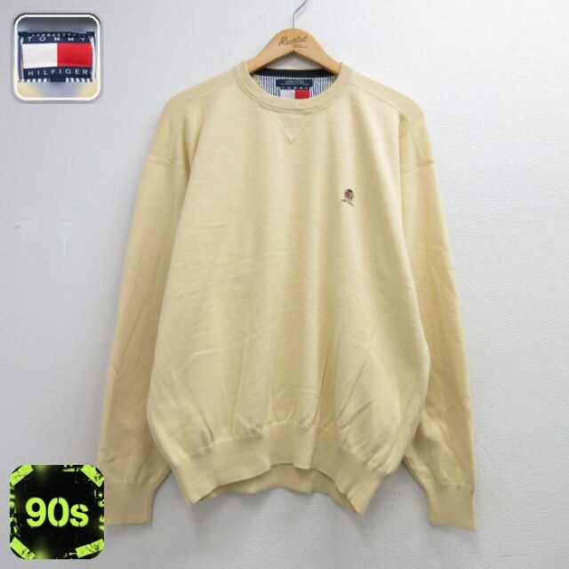 トミーヒルフィガー 90s 長袖セーター ワンポイントロゴ イエロー メンズL相当 | 古着