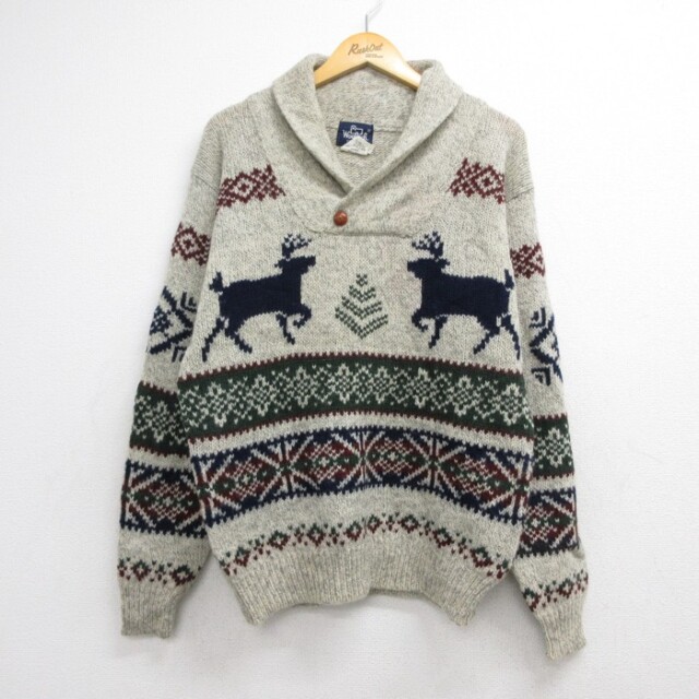 L★古着 ウールリッチ Woolrich 長袖 セーター メンズ 90年代 90s ノルディック ショールカラー 総柄 グレー【spe】 26sep02