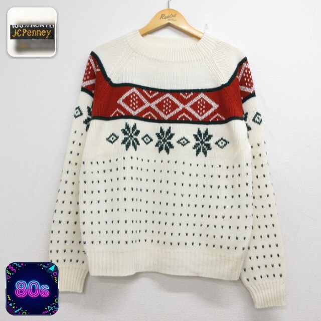 JCPenney 80s 長袖セーター ハンドメイド 雪柄 ホワイト メンズL相当 | 古着
